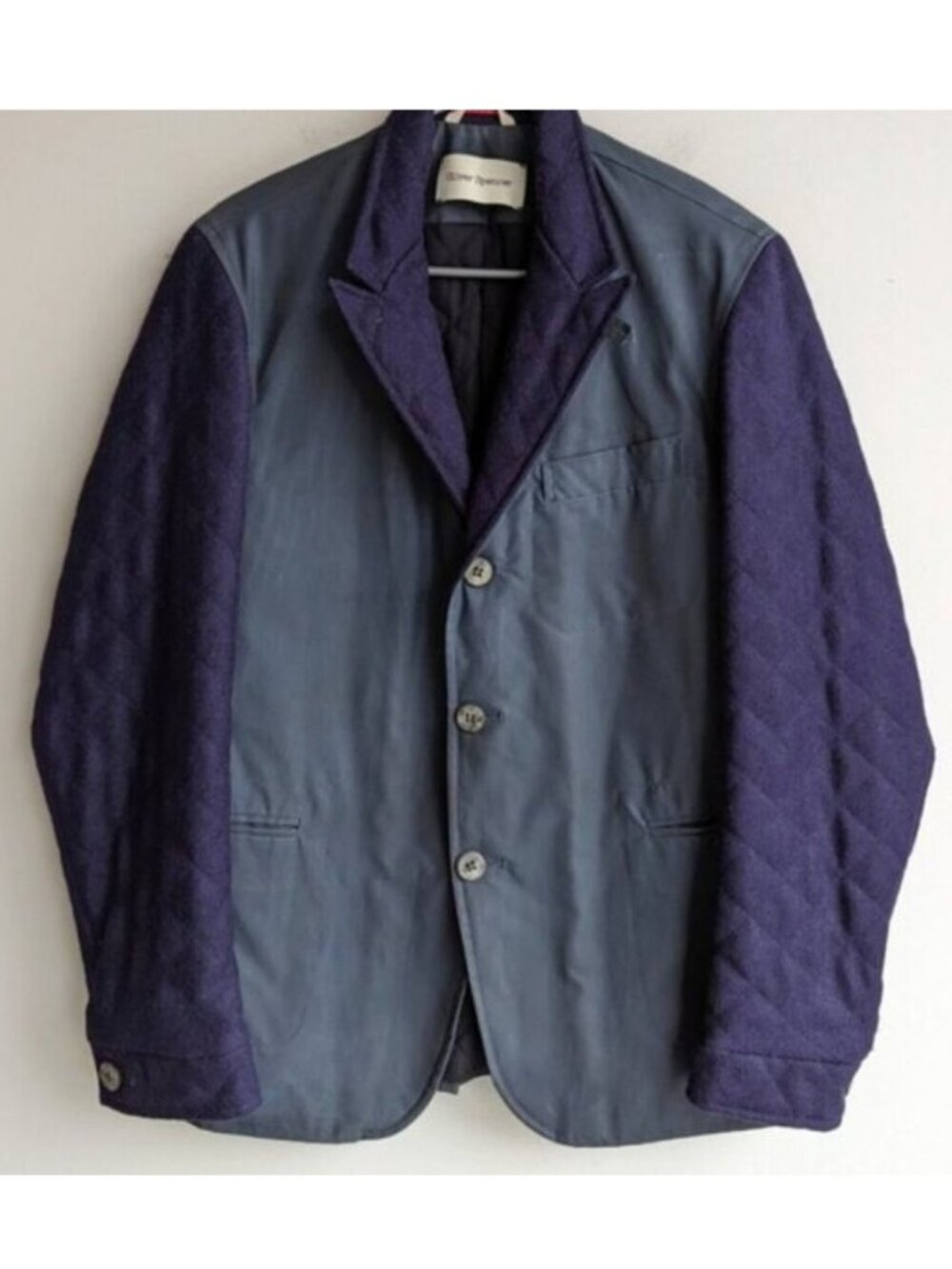 Oliver Spencer 100% cotton button down coat with purple quilted sleeves